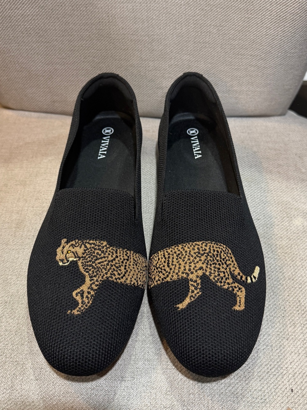 Vivaia Women’s Black Knit Slip-On Loafers with Gold Leopard Motif